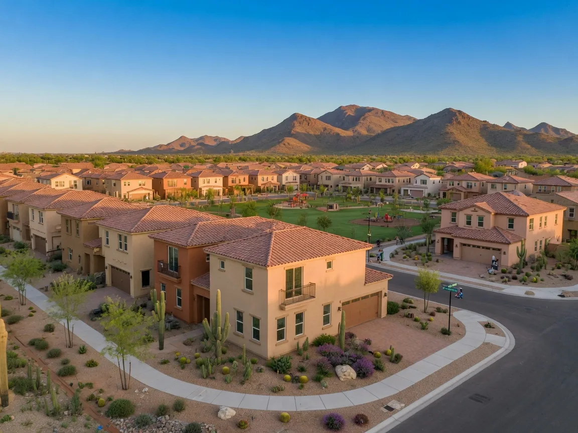 Maricopa's wide Sonoran Desert landscape, open desert with saguaro cacti, flat terrain stretching toward distant mountains south of Phoenix