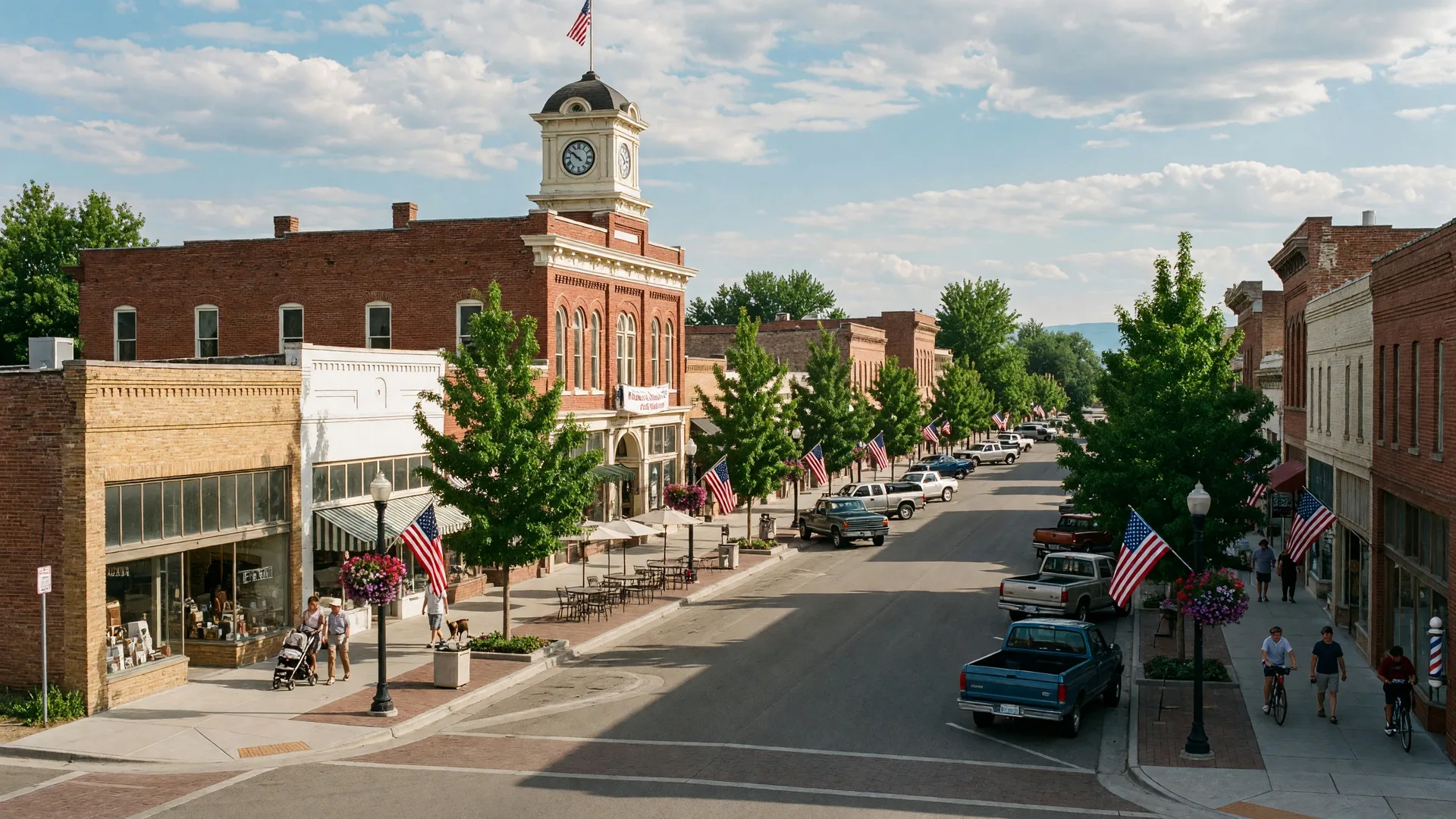 Downtown Meridian's historic main street area with City Hall, local storefronts, and the small-town character of Idaho's third-largest city