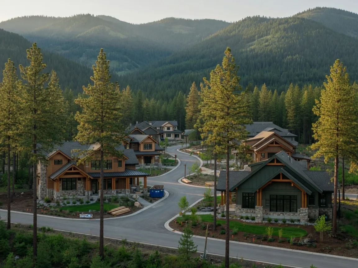 New construction mountain modern and craftsman homes near Sandpoint Idaho with Lake Pend Oreille views and forested terrain