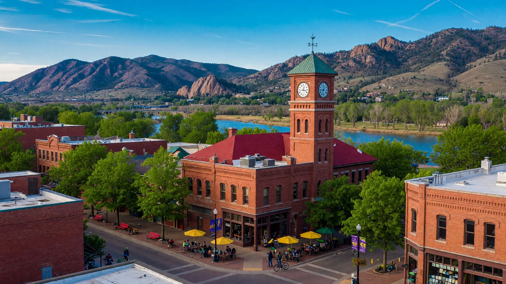 Fort Collins historic Old Town downtown with brick buildings, the Cache la Poudre River area, and the Rocky Mountain foothills visible behind