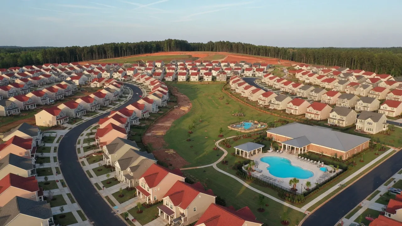 Tree-lined street with new construction homes in a planned community in Greensboro, North Carolina on a sunny afternoon