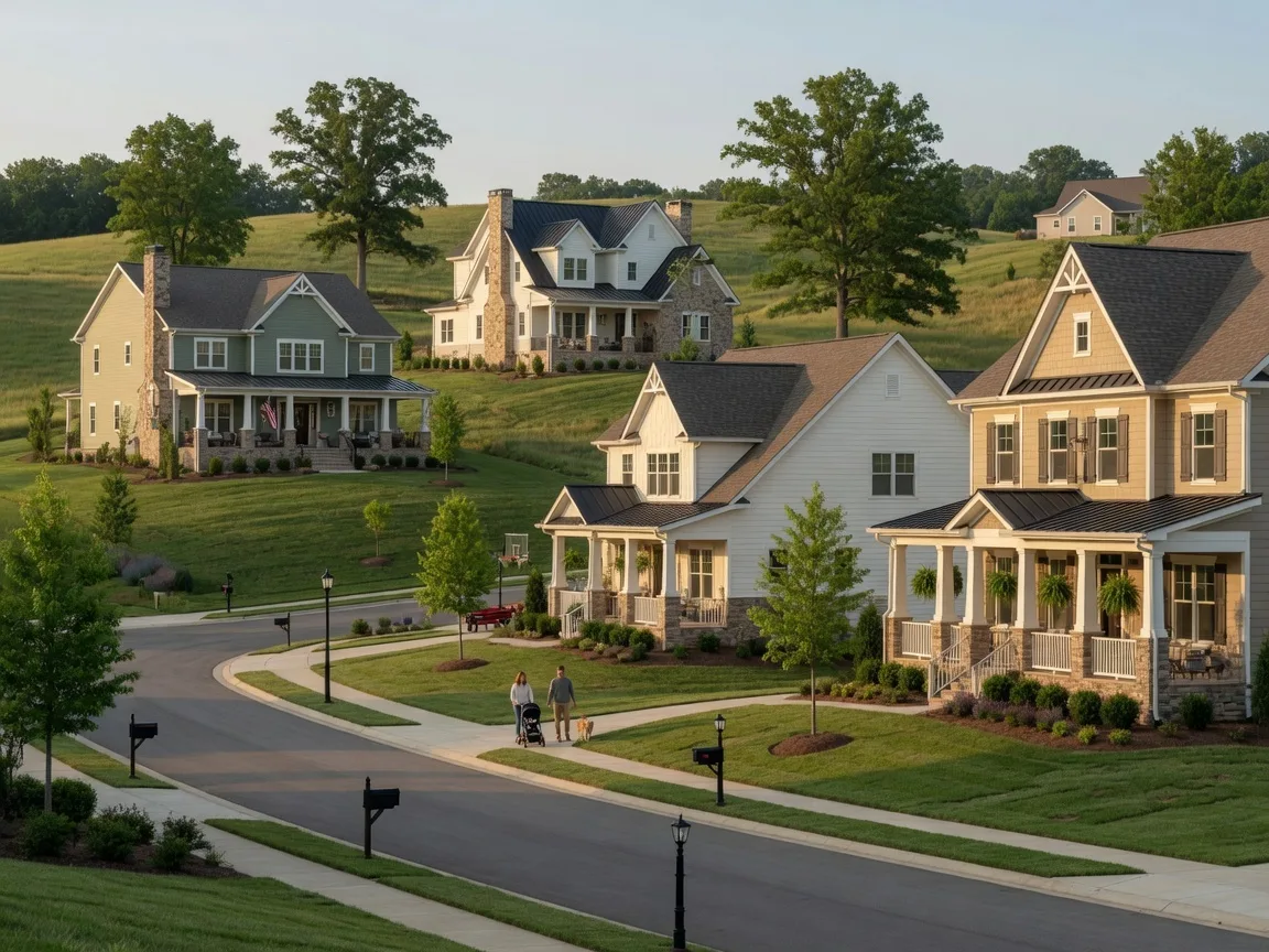 New construction homes in Nolensville Williamson County with upscale craftsman architecture and rolling green hills