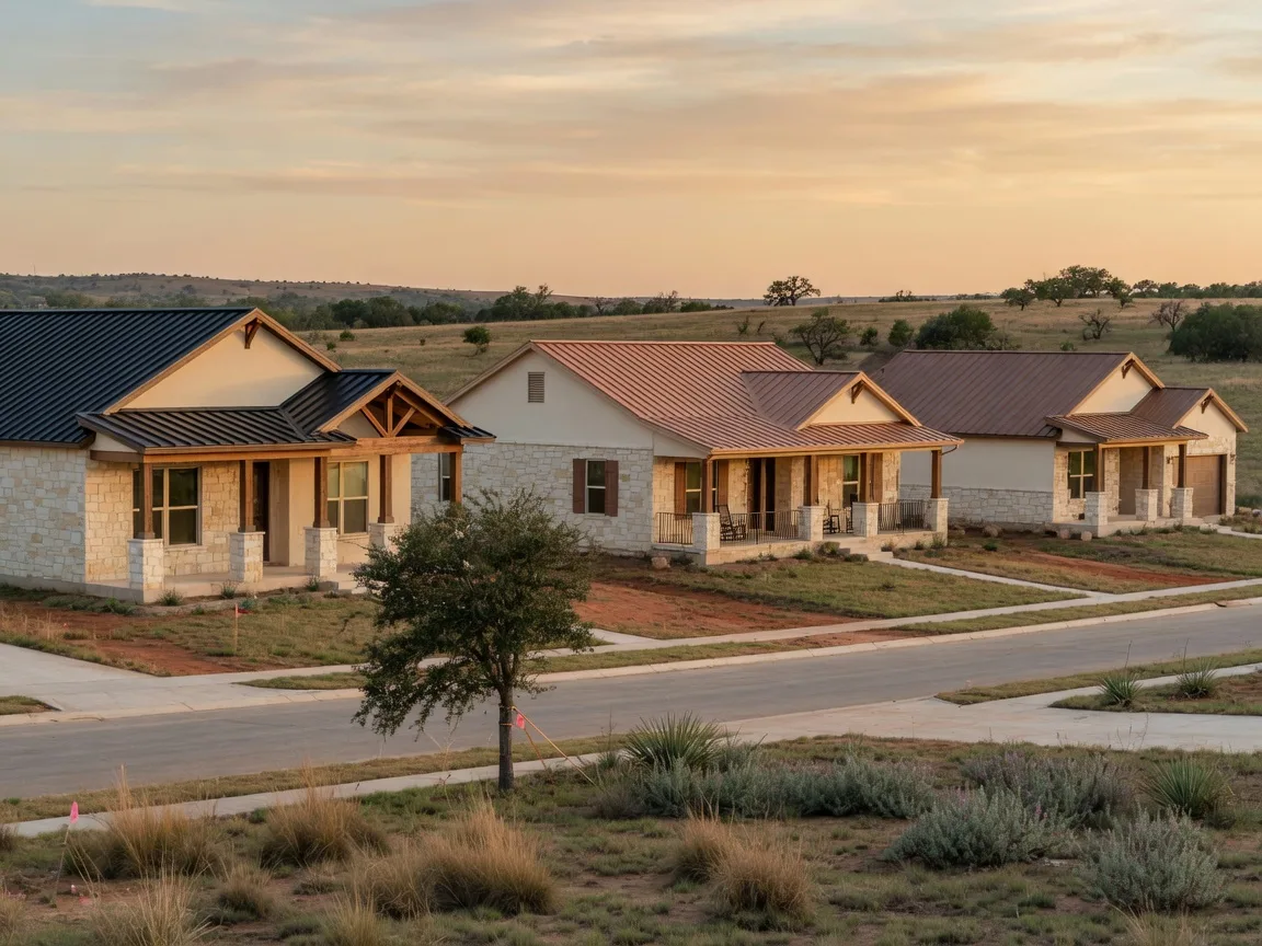 New construction community in Broomfield — contemporary suburban homes, tech-corridor modern feel, mountain views toward the Flatirons, planned communities