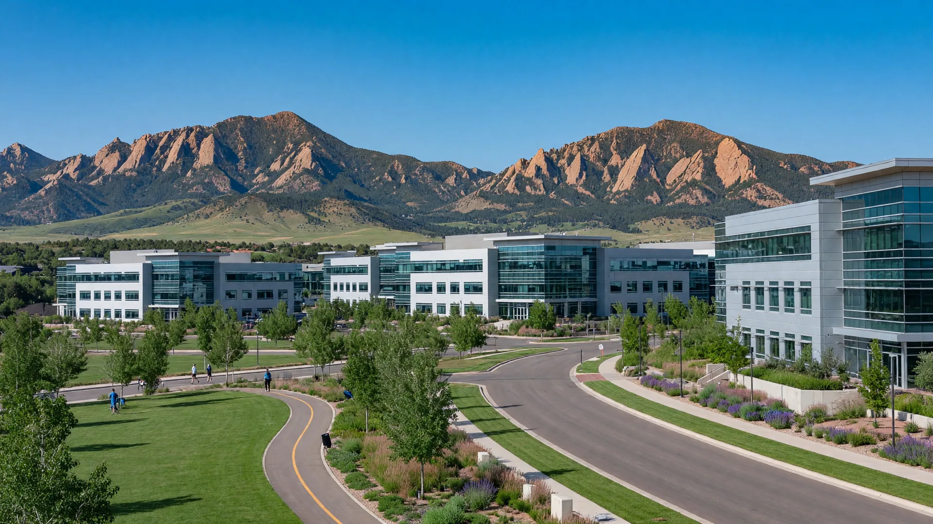 Broomfield's setting along the US-36 corridor between Denver and Boulder — tech corridor feel, Flatirons of Boulder visible in the distance, modern suburban city