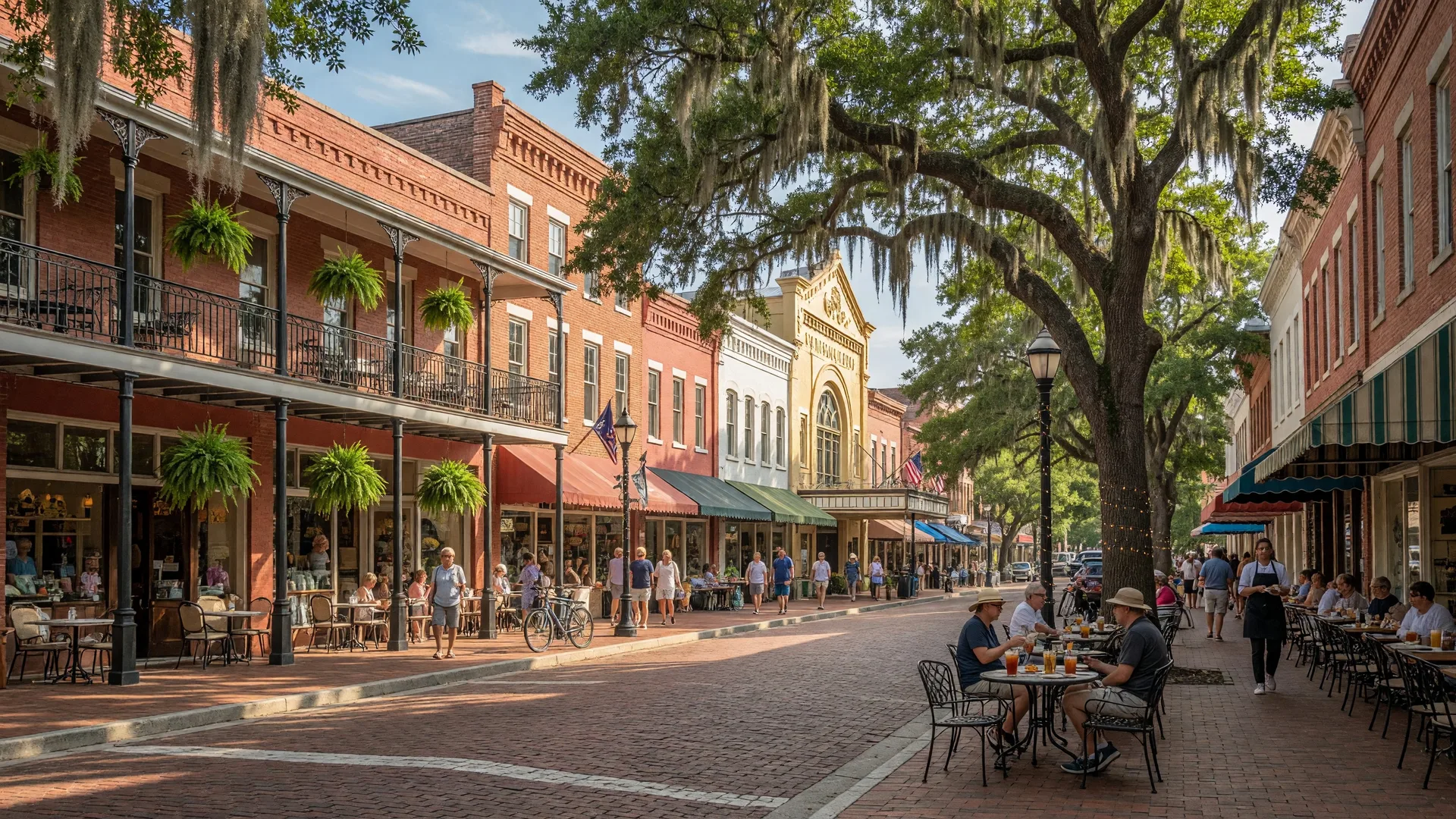 Historic downtown Pensacola's Palafox Street with brick-paved streets, historic buildings, outdoor cafes, and Spanish moss hanging from live oaks