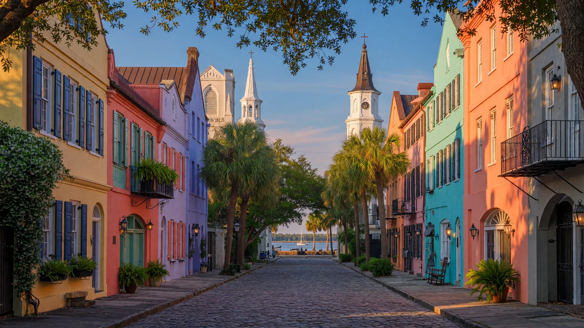 Charleston, South Carolina's iconic historic downtown with colorful row houses, church steeples, and palm-lined cobblestone streets