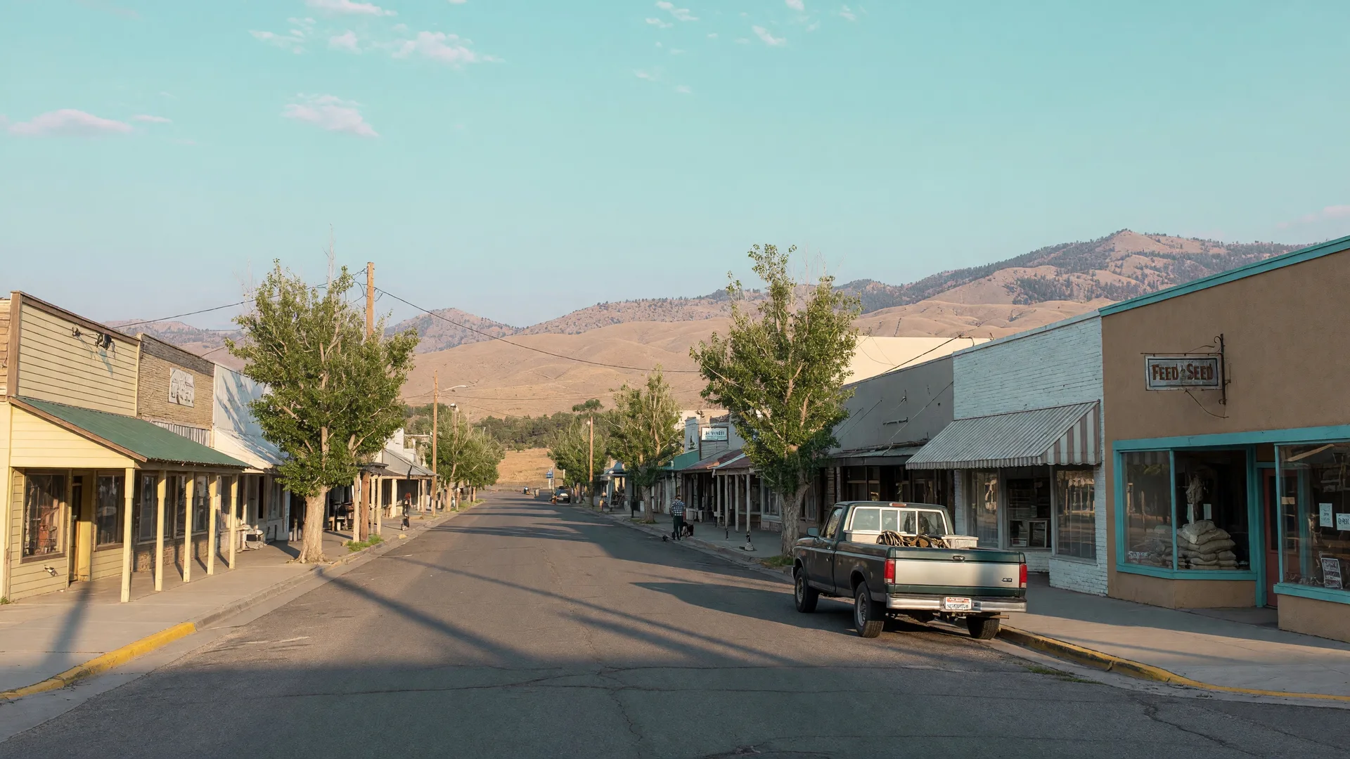 Historic downtown Star Idaho with small-town storefronts, cottonwood trees, and the open high desert sky with distant Boise foothills on the horizon