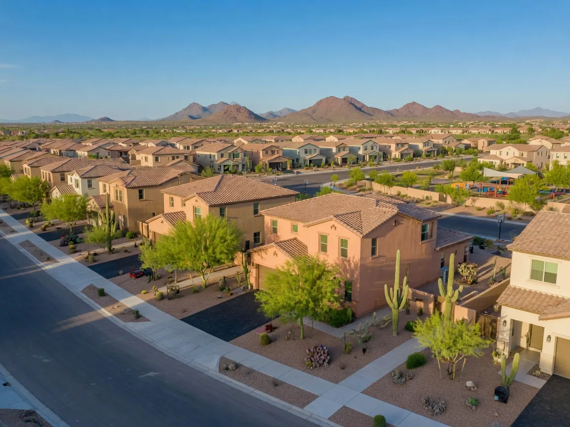 Large-scale new construction in Maricopa with stucco homes in open Sonoran Desert terrain, saguaro cacti, wide flat desert landscape, and a prominent desert sky