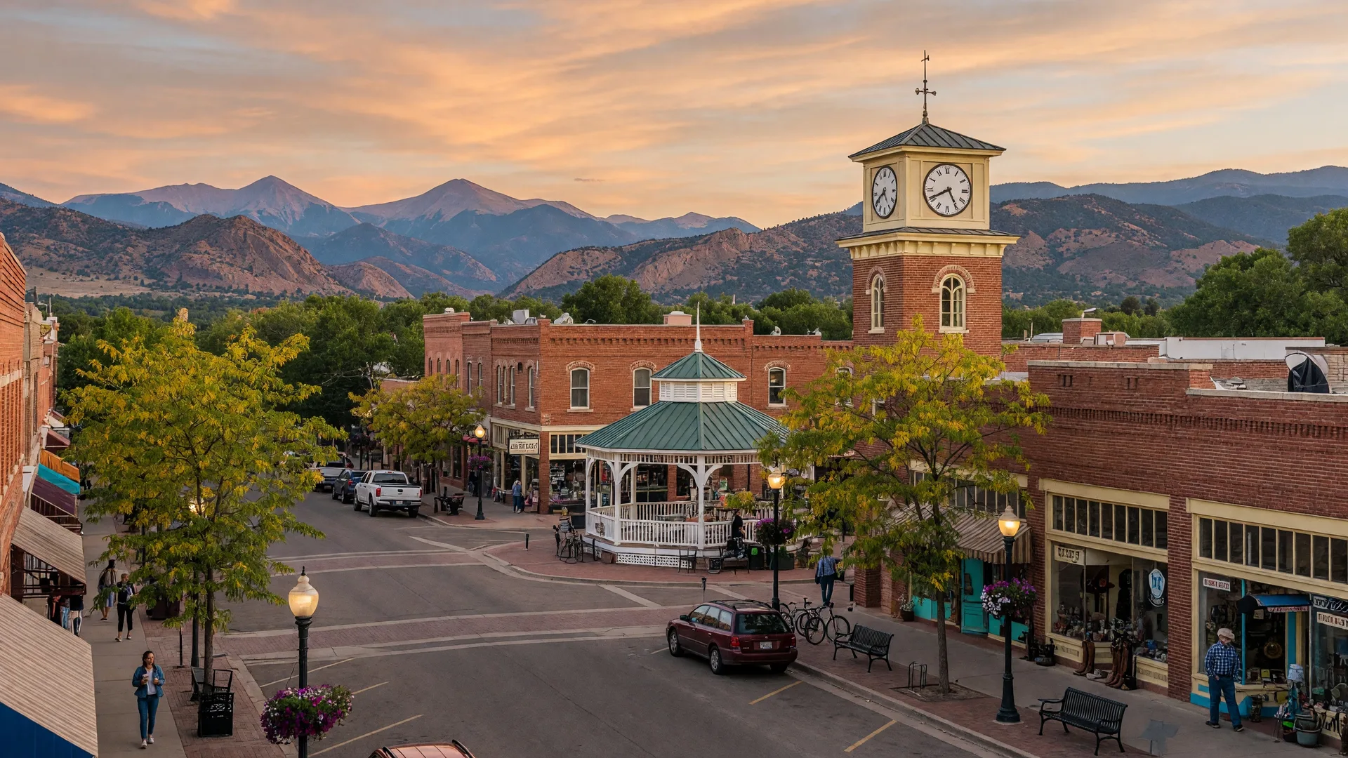 Arvada's charming Olde Town district — historic main street with brick buildings, small-town feel within the Denver metro, Rocky Mountain foothills visible behind