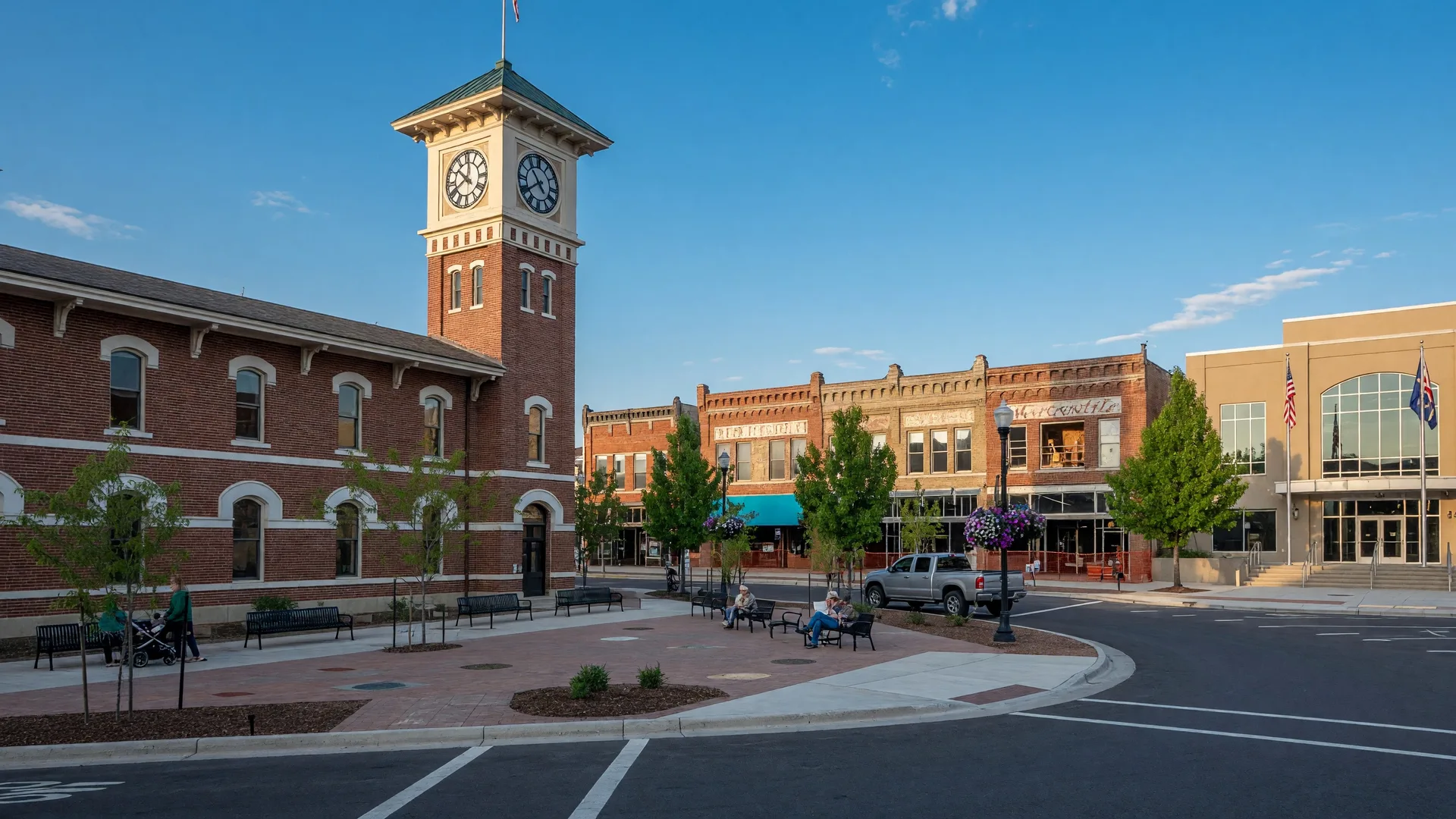 Downtown Nampa's historic railroad depot area with the iconic Nampa Depot clock tower, surrounding historic buildings, and downtown revitalization