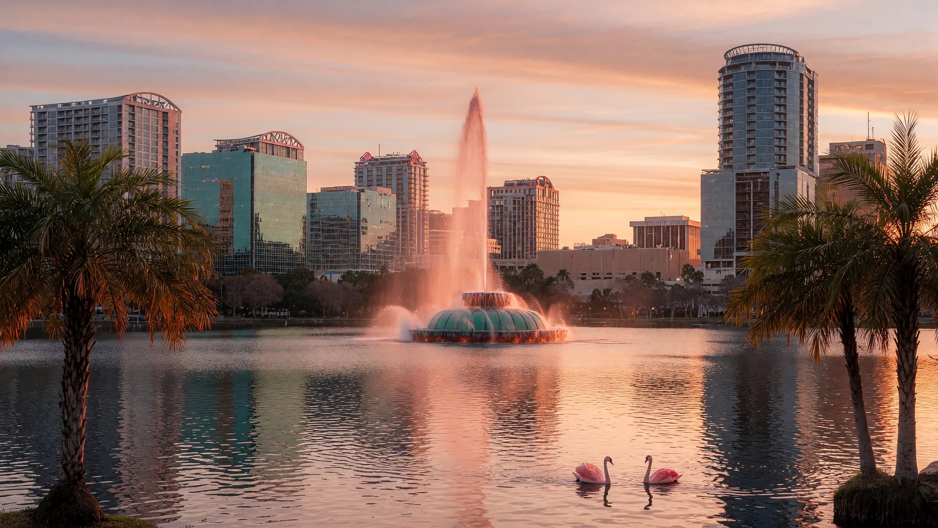 Downtown Orlando skyline with Lake Eola fountain and modern towers against a blue sky with palm trees