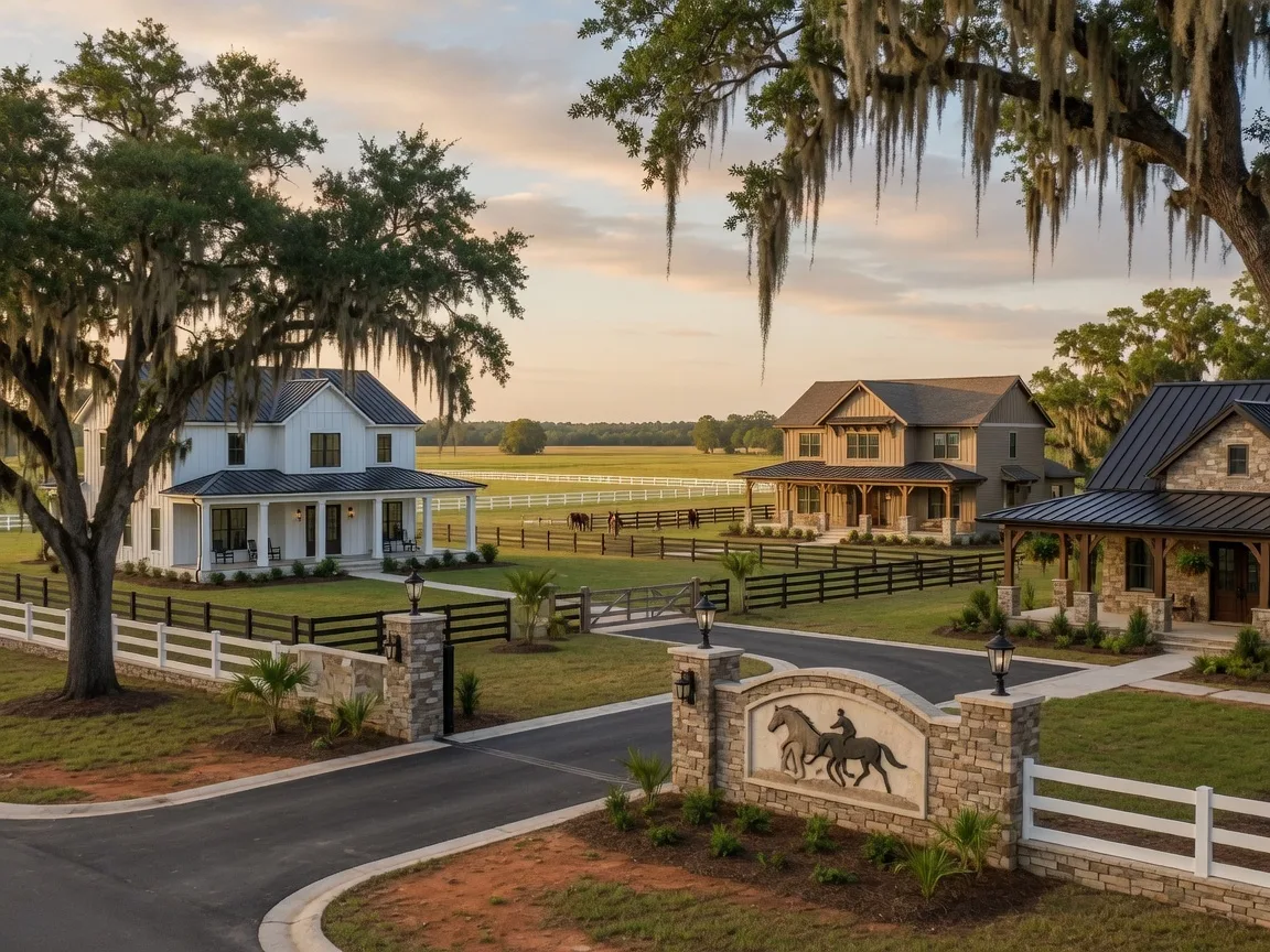 New construction community in Ocala with equestrian-inspired homes on larger lots, live oak trees with Spanish moss, and horse-country character