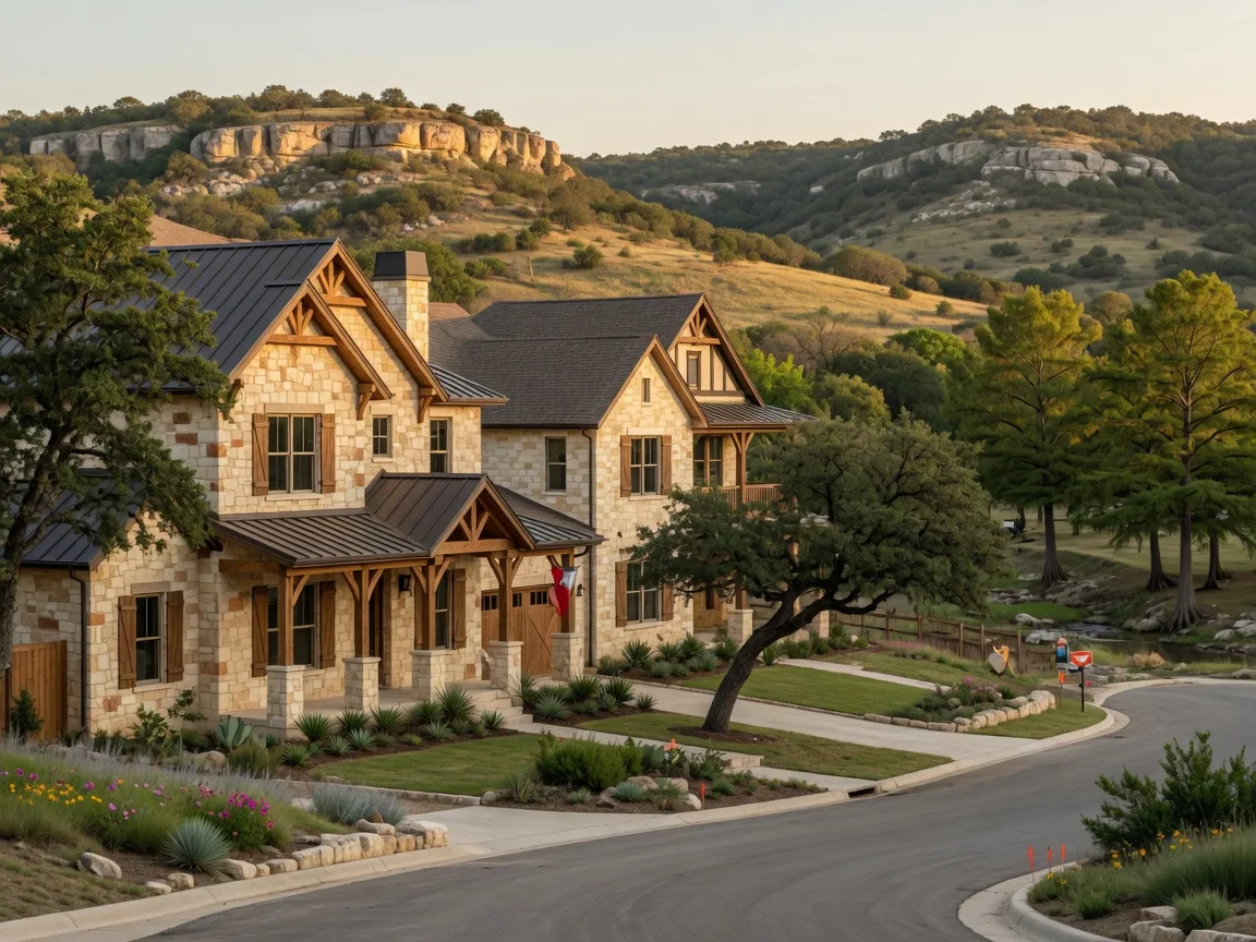 Hill Country new construction in New Braunfels with limestone exteriors, live oaks, and German-Texas architecture