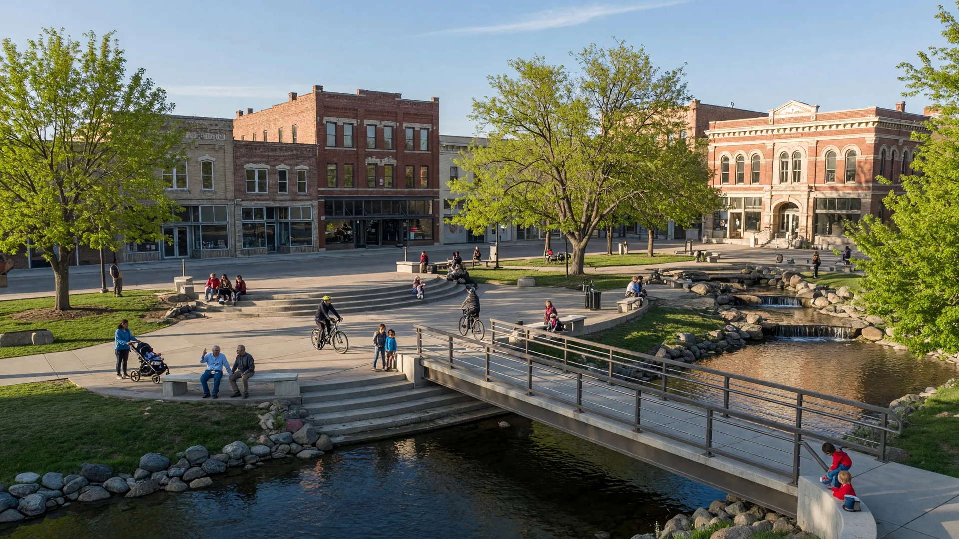 Downtown Caldwell's Indian Creek Plaza area with the pedestrian bridge, water features, and historic downtown buildings of Canyon County's county seat