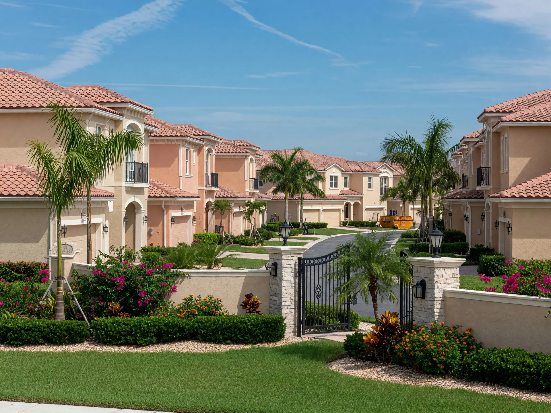 Mediterranean-style new construction homes in Doral, Florida with tropical landscaping and tile roofs