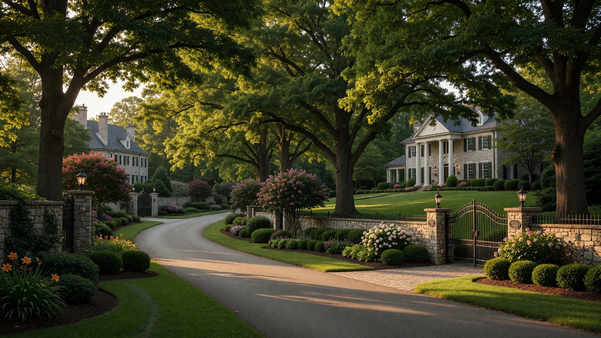 Tree-lined residential street in Brentwood Tennessee with large estate homes, manicured lawns, mature hardwoods, and prestigious suburban character