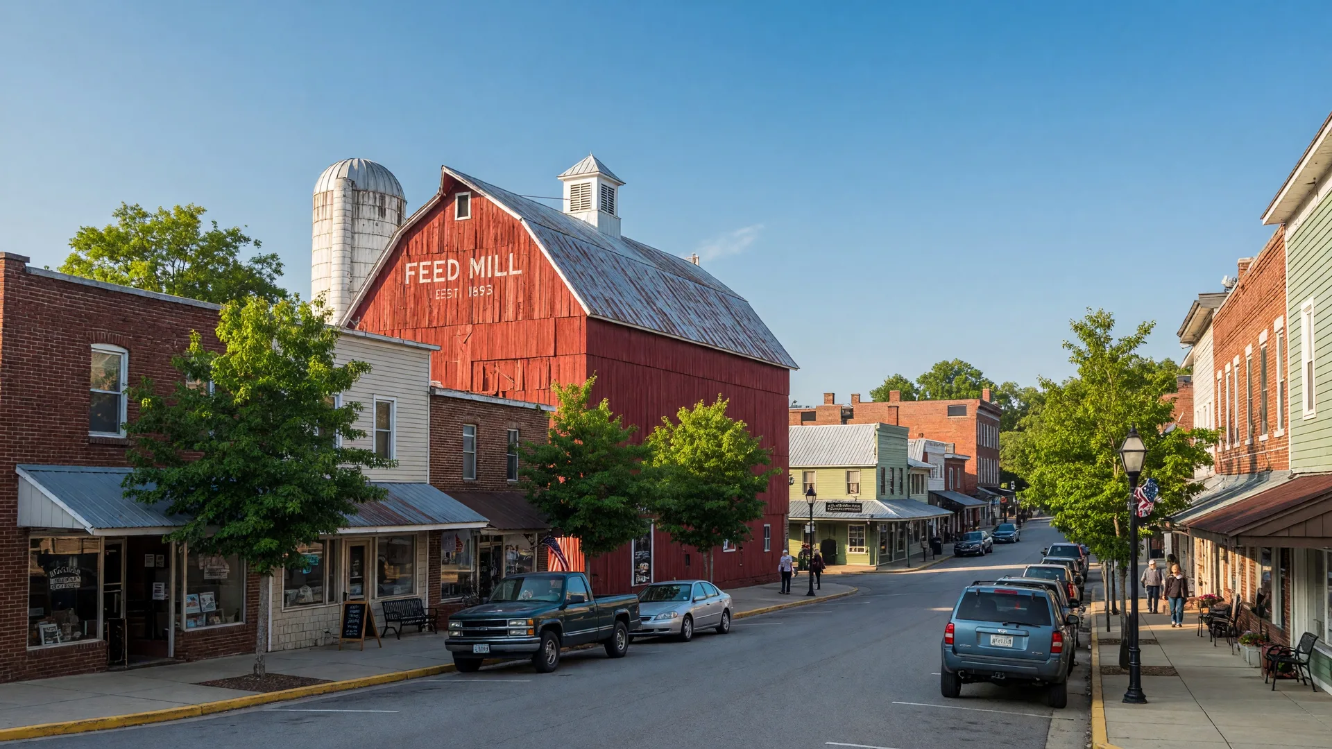 Nolensville Tennessee's historic downtown with the Nolensville Feed Mill, local shops, and small-town Williamson County charm