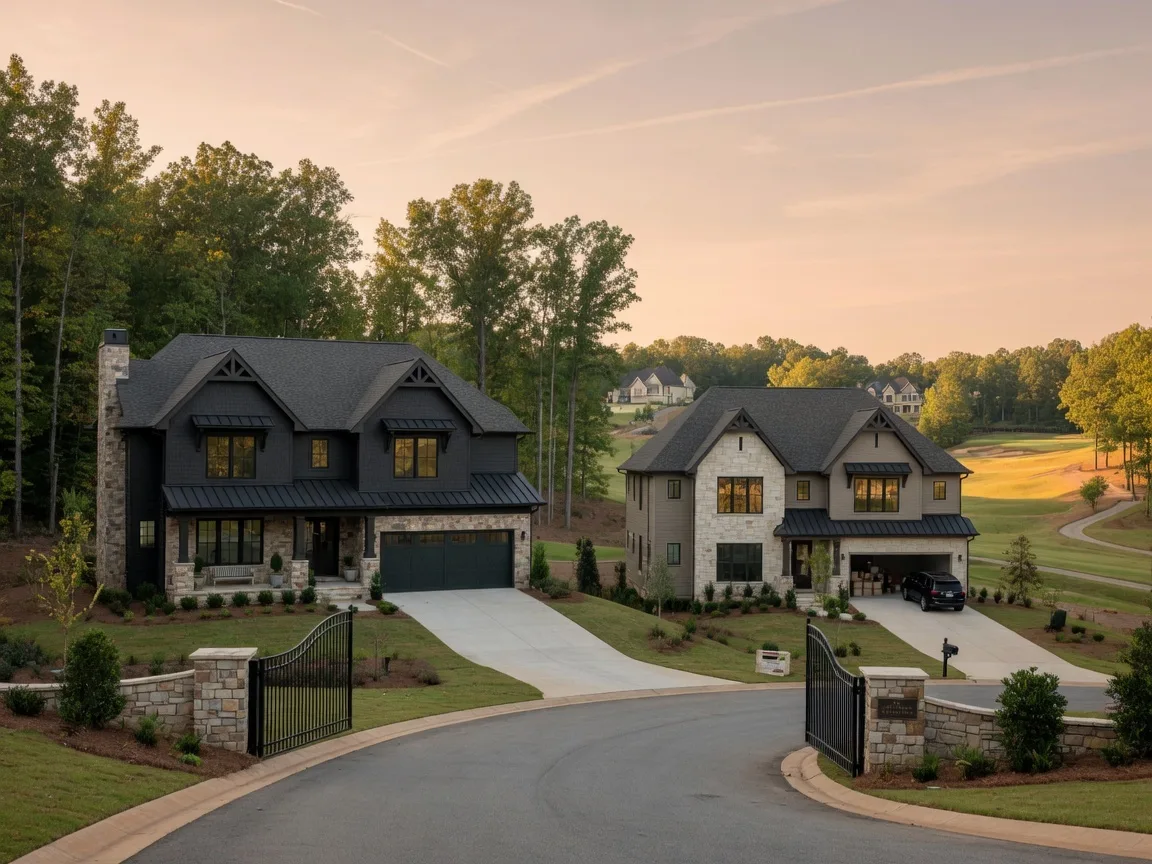 Luxury craftsman-style homes in Johns Creek, Georgia with rolling hills, mature hardwood trees, and golf course views