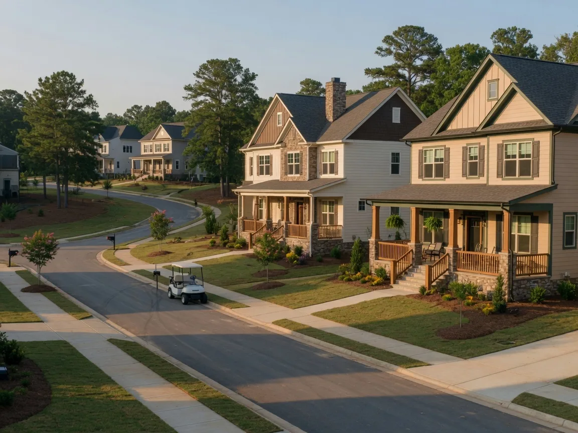 New construction traditional and transitional homes in Peachtree City with golf cart paths and mature trees