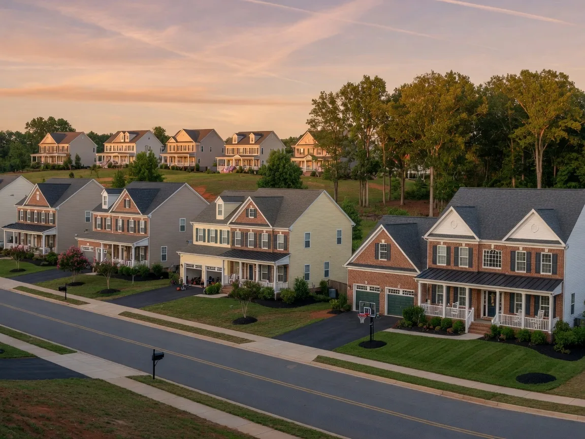 New construction homes in Leesburg Virginia with traditional and colonial-style architecture, brick and siding exteriors, set on rolling Piedmont hills with mature trees
