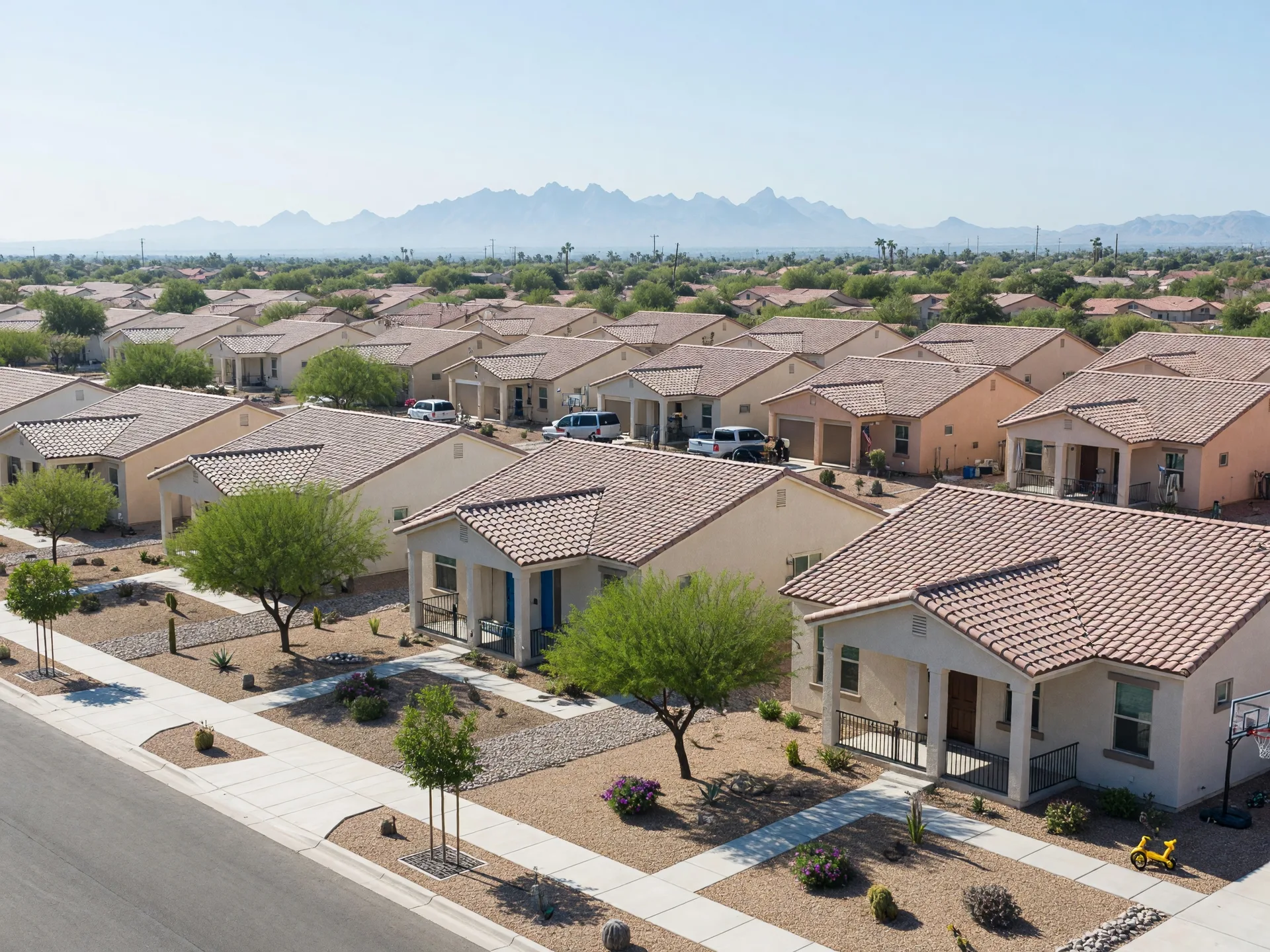 New construction tract homes in Mesa with palo verde and mesquite trees, flat terrain, and the Superstition Mountains faintly visible in the distance