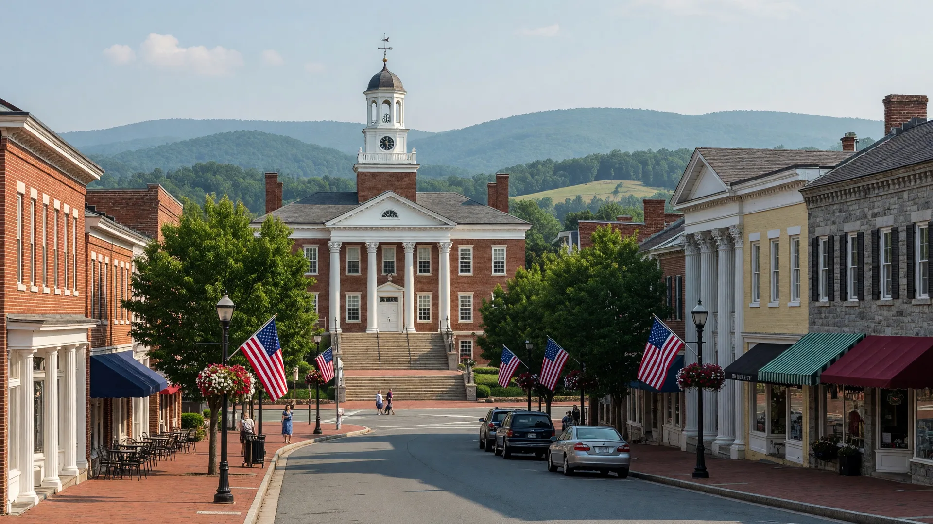 Leesburg Virginia historic downtown with the colonial-era Loudoun County courthouse, King Street shops, and brick sidewalks lined with shade trees
