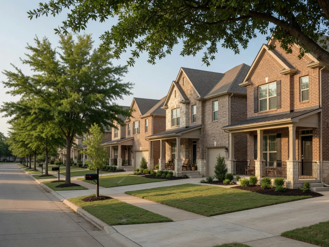 Charming new construction homes in McKinney with brick and stone facades along tree-lined streets
