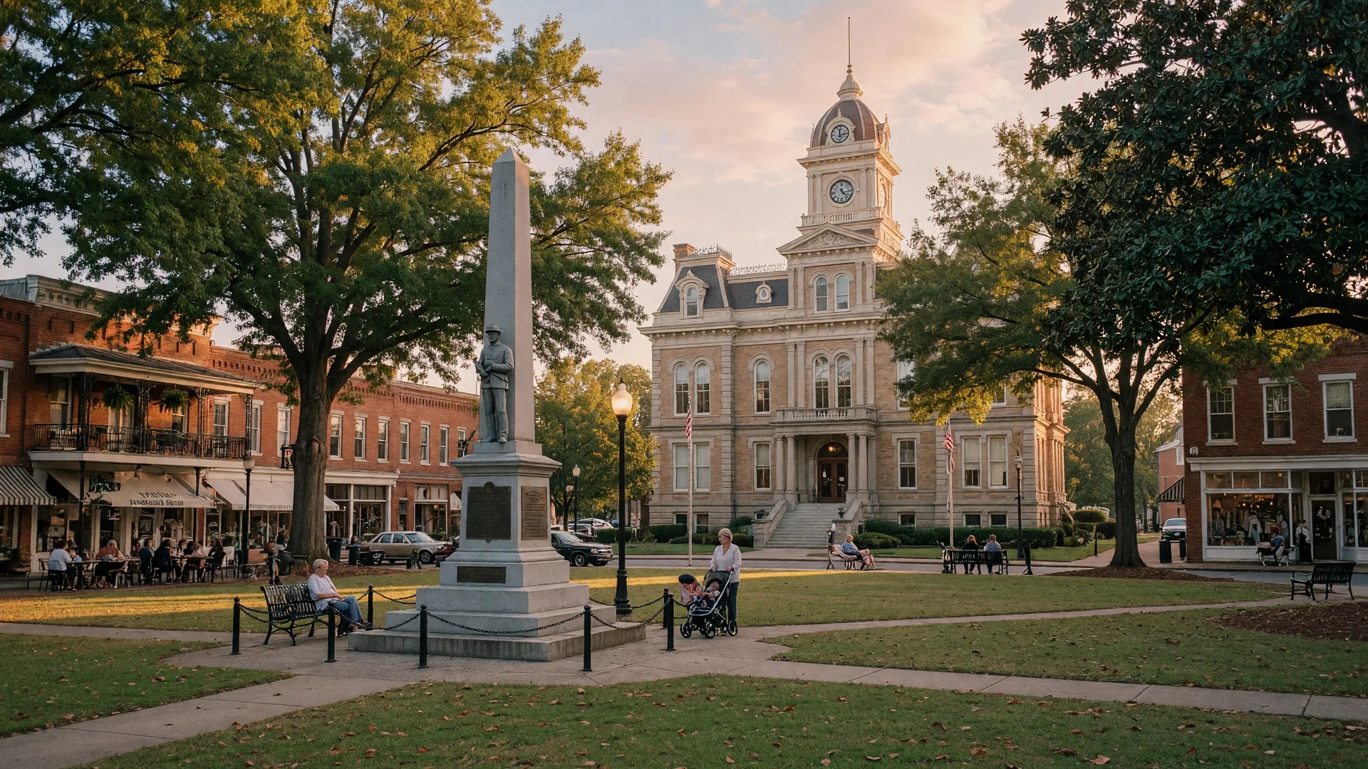 Marietta's historic town square with the Cobb County Courthouse, Civil War monument, and surrounding shops and restaurants