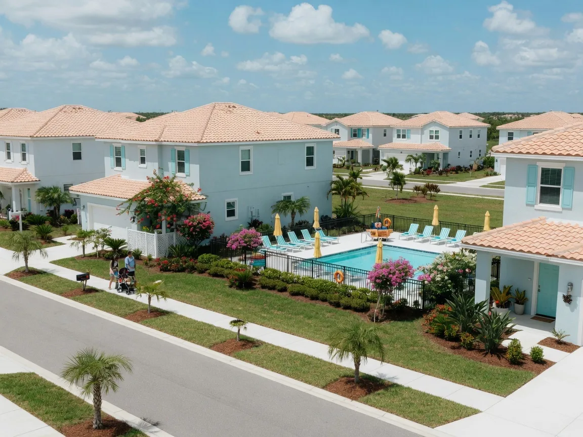 New construction Florida-style stucco homes in Palm Bay with palm trees, flat coastal terrain, and a master-planned community layout