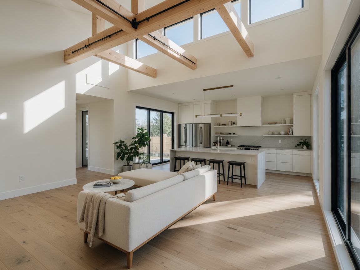 Bright modern open-concept living space with soaring ceilings and wide-plank floors in a new construction home