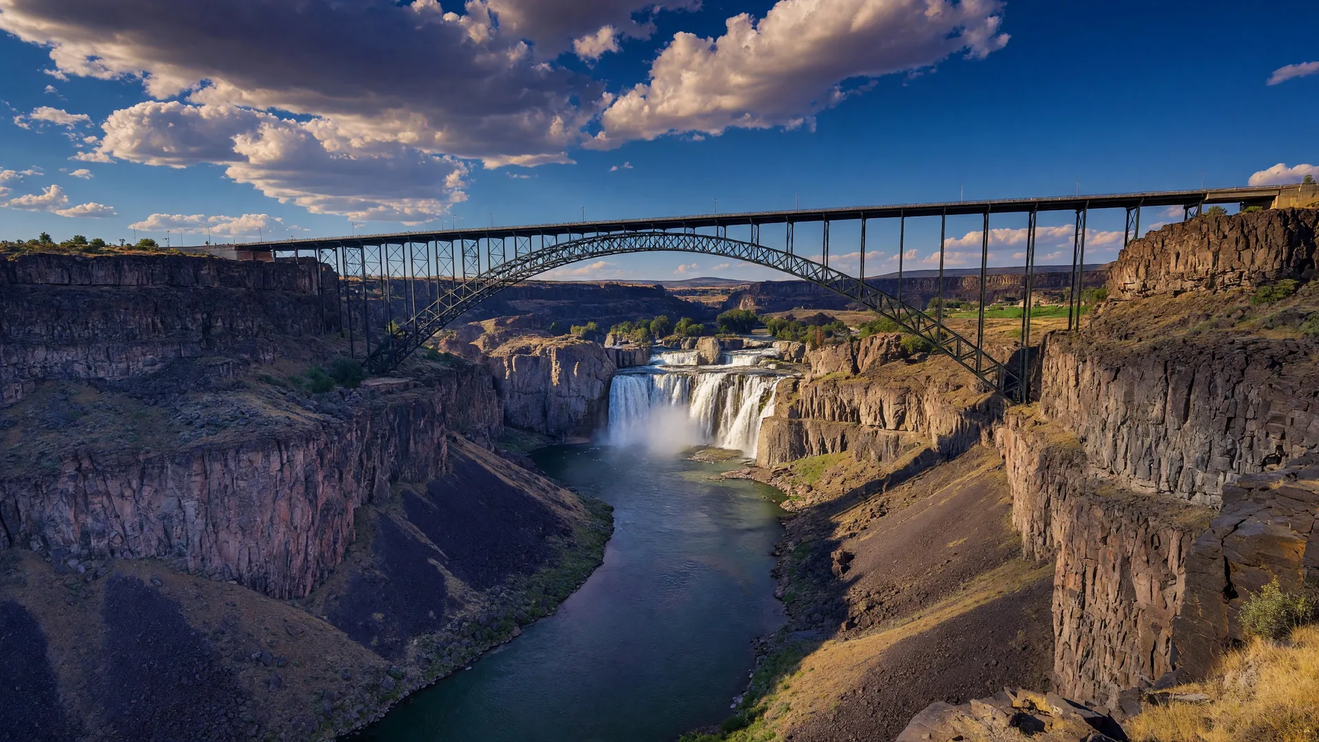 The Snake River Canyon and Perrine Bridge at Twin Falls Idaho with Shoshone Falls in the distance and rugged canyon walls of basalt rock