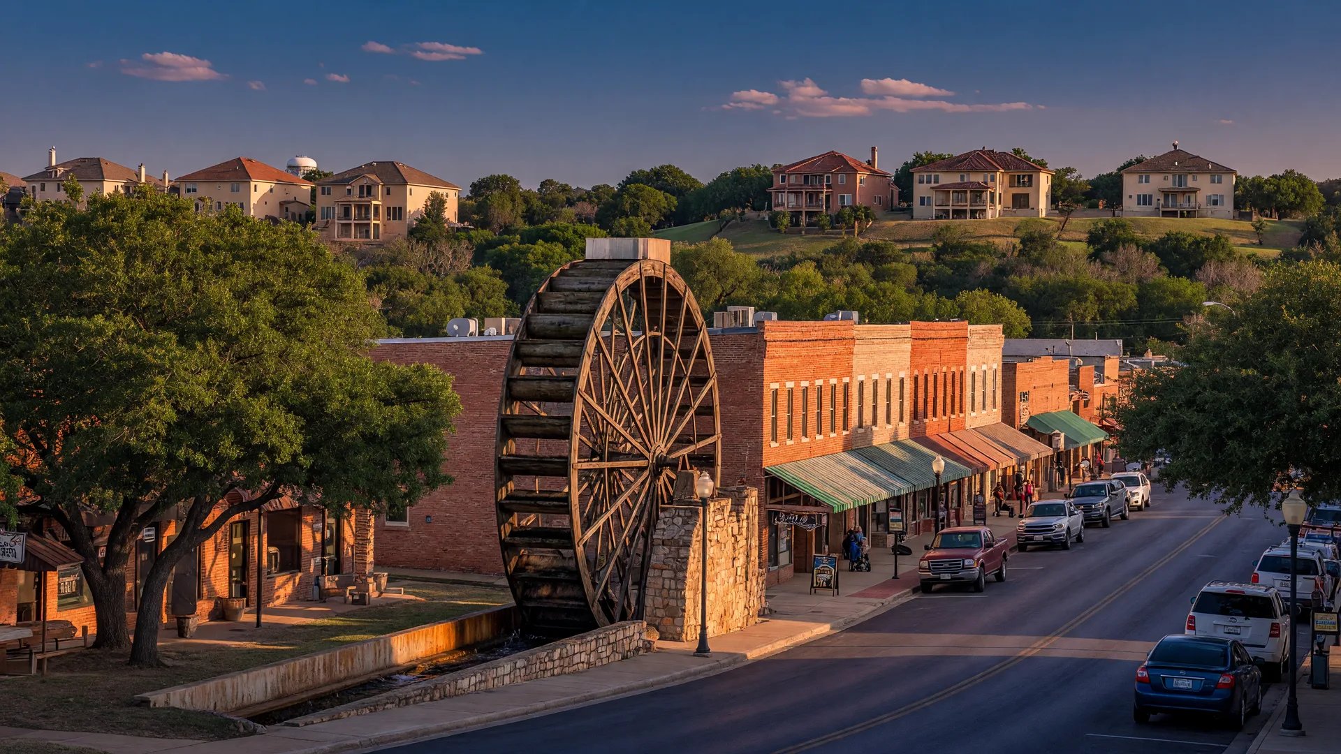 Historic downtown Round Rock along Mays Street with the iconic water wheel, local shops, and Texas hill country charm