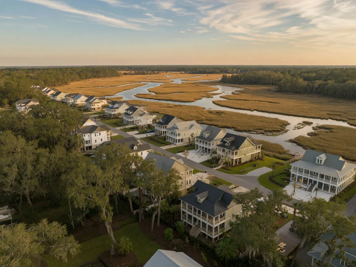 New construction Low Country master-planned community in Bluffton SC with elevated coastal homes, live oaks, palmettos, and flat marsh terrain