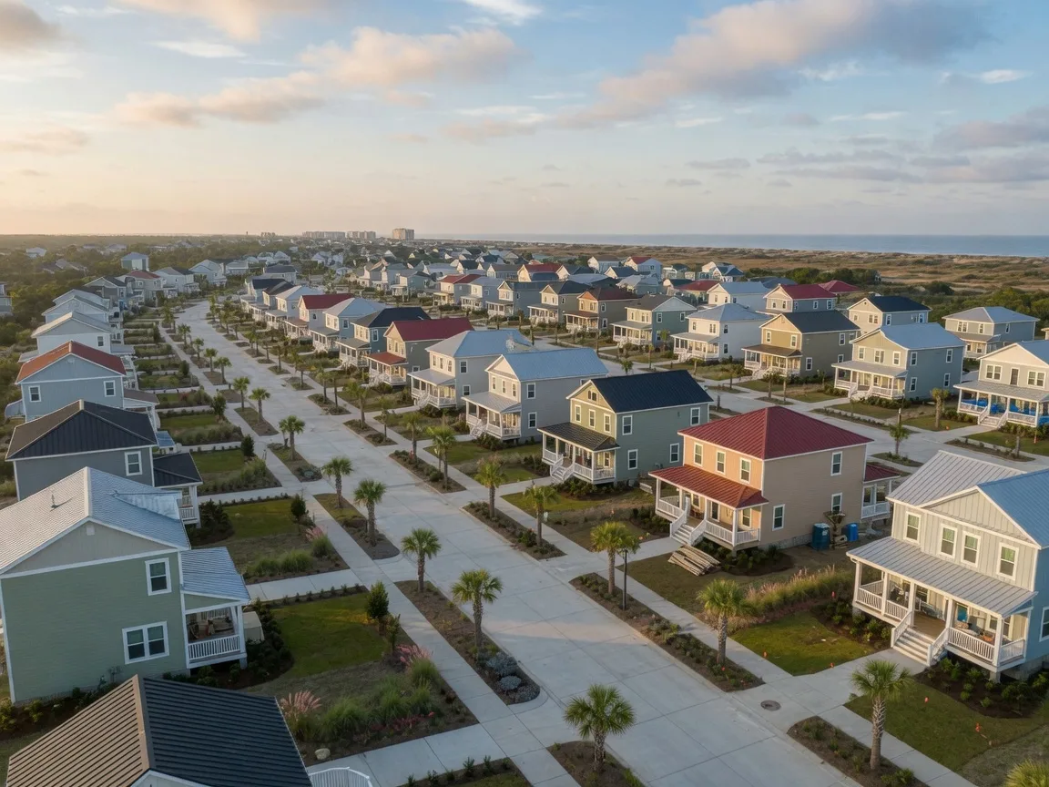 New construction coastal community near Myrtle Beach with beach cottages, palmetto trees, and flat coastal terrain