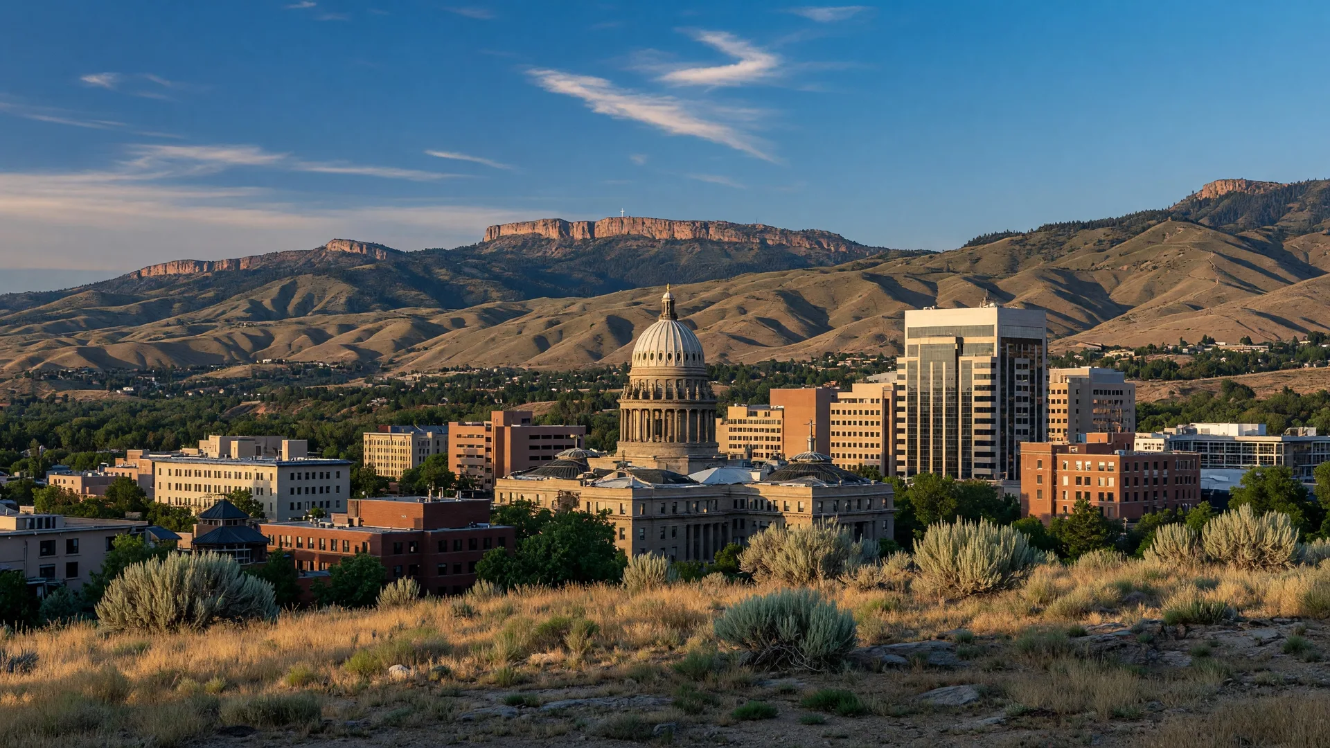 Downtown Boise skyline with the Idaho State Capitol and the Boise Foothills rising in the background on a clear afternoon