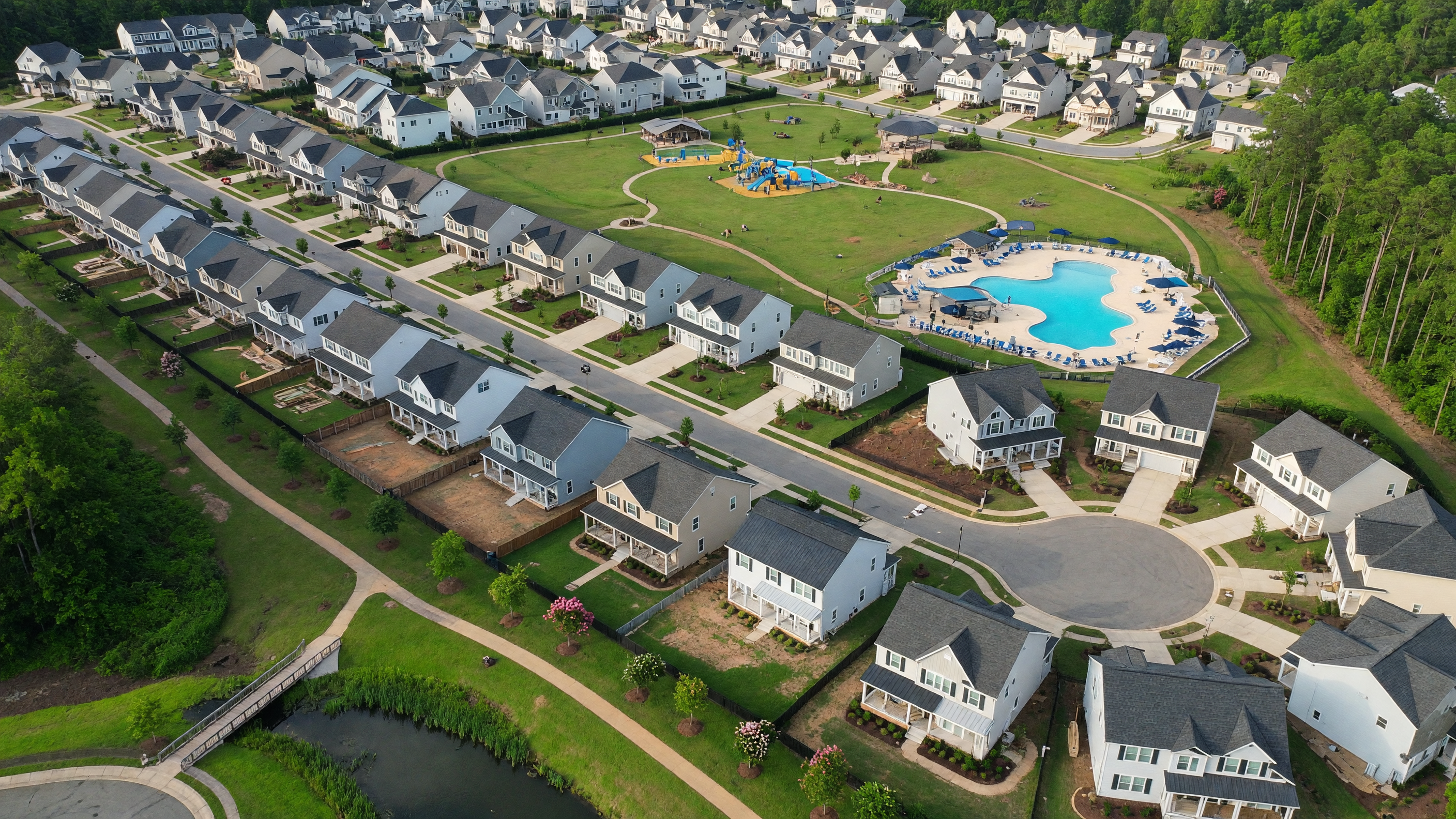 Aerial view of a master-planned new construction community in the Raleigh-Durham area