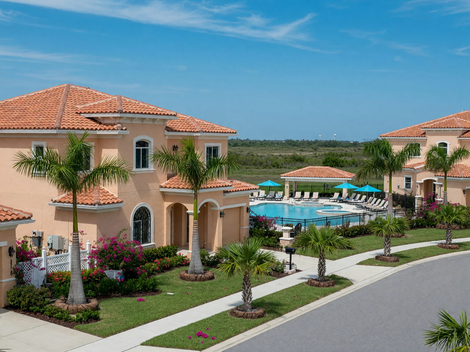 New construction stucco homes in a St. Johns County master-planned community with tile roofs and palm trees