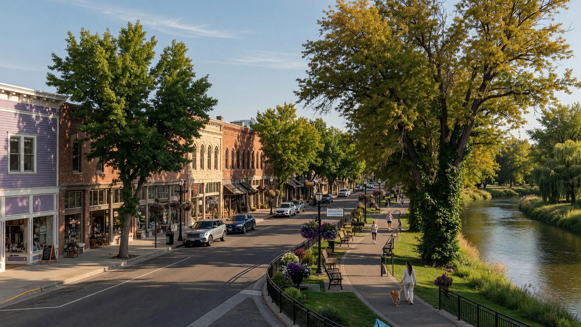 Downtown Eagle's historic main street with the Boise River greenbelt, mature trees, and the upscale small-town character of Idaho's most affluent suburb