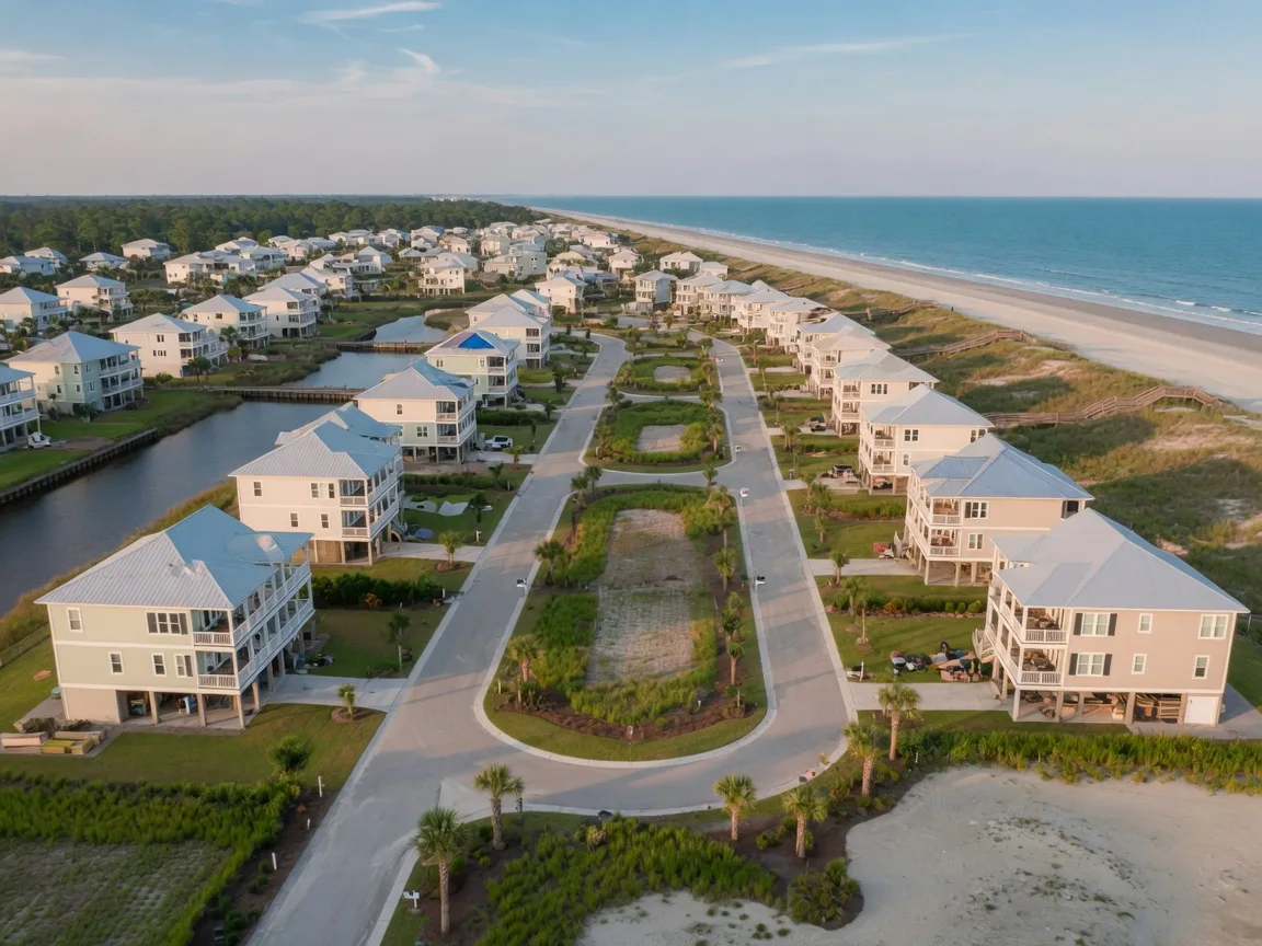 New construction barrier island community on Hilton Head with elevated coastal homes, sea grass, palmettos, and planned community feel