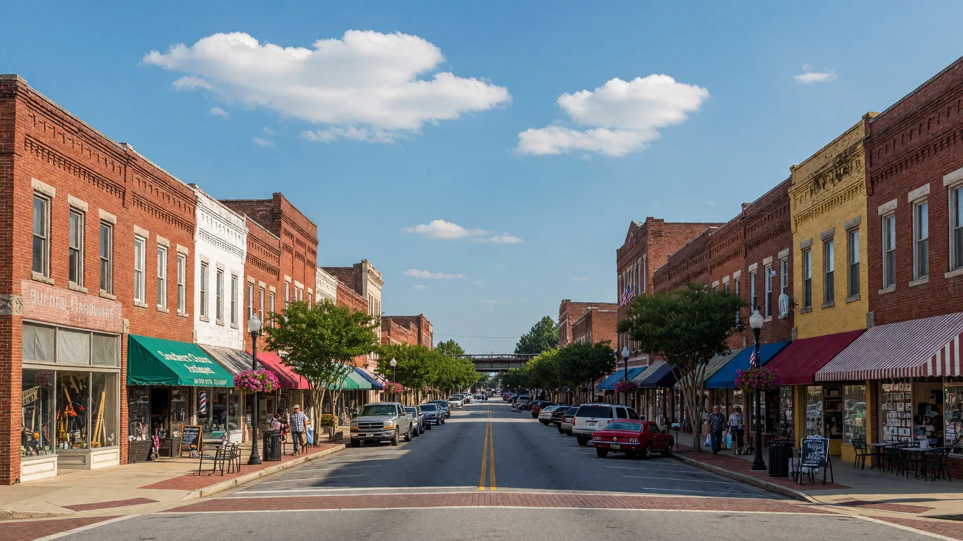 Buford's historic downtown Main Street with preserved early 20th-century brick buildings and small-town charm