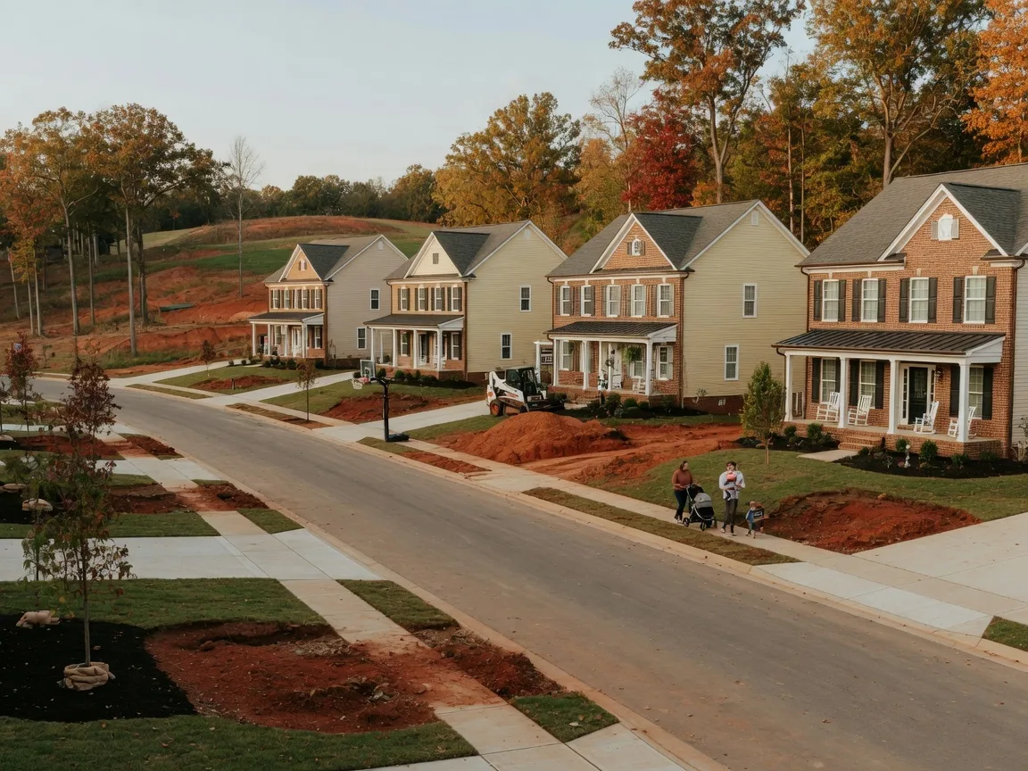 New construction homes in Mechanicsville Virginia with traditional and colonial-style architecture, brick and siding exteriors, set on rolling Piedmont terrain with red clay and mature hardwoods in Hanover County