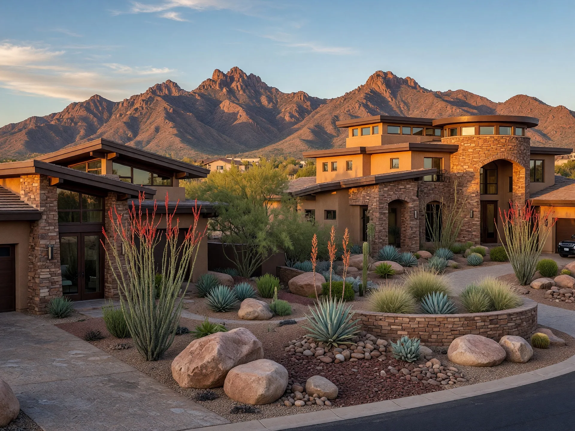 Upscale luxury new construction in Scottsdale with stucco and stone homes, dramatic desert boulder landscaping, and McDowell Mountain backdrop