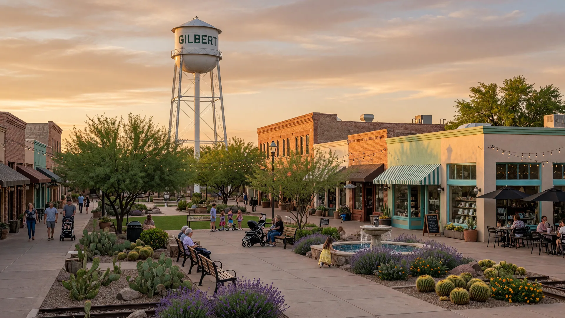 Gilbert Heritage District with the distinctive water tower, downtown shops and restaurants, and community gathering spaces under a warm Arizona sky