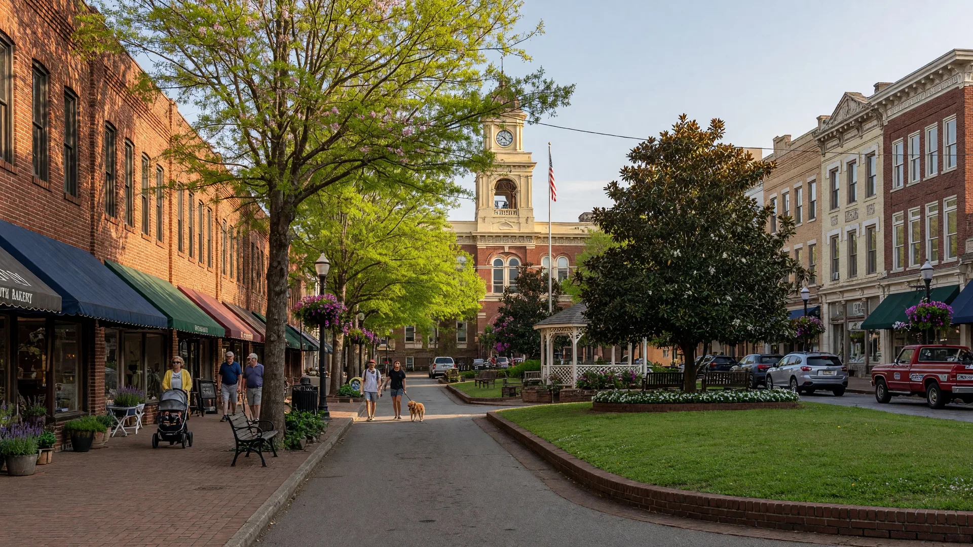 Duluth's historic downtown Town Green with Main Street brick storefronts, tree-lined sidewalks, and the community green space
