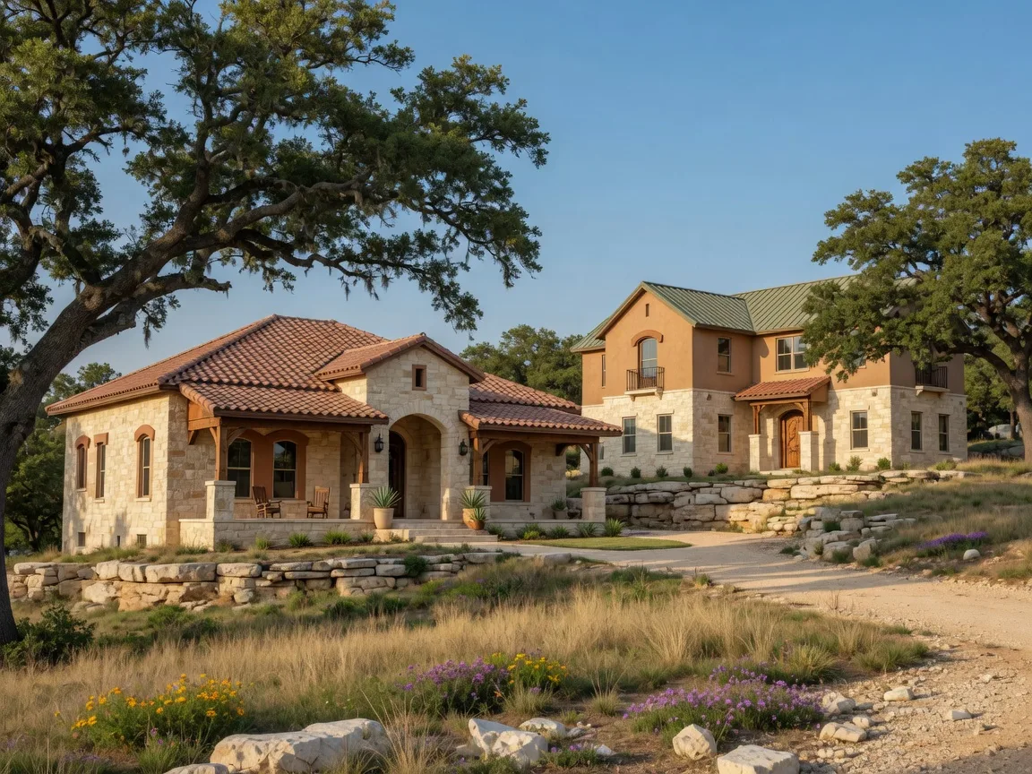 Hill Country new construction homes in San Antonio with limestone exteriors, live oaks, and warm earth tones