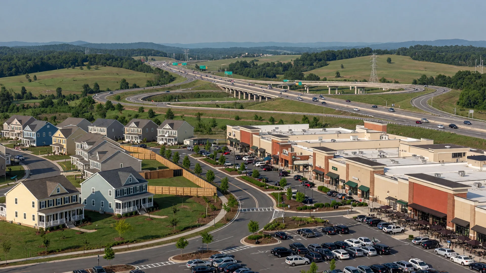 Gainesville Virginia modern suburban character with the Virginia Gateway shopping district, I-66 interchange, and new master-planned communities on rolling Piedmont terrain