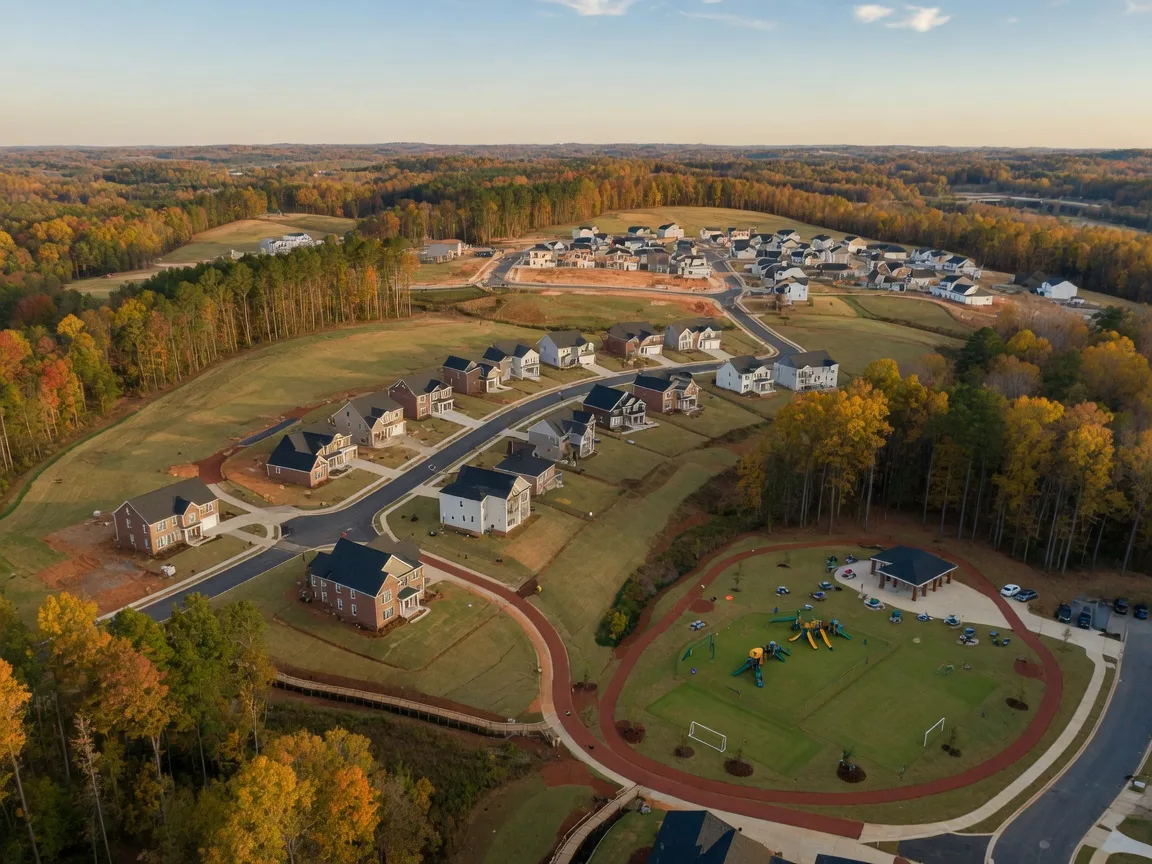 New construction suburban community in Rock Hill SC with brick and stone homes on rolling Piedmont terrain and mixed hardwood and pine trees