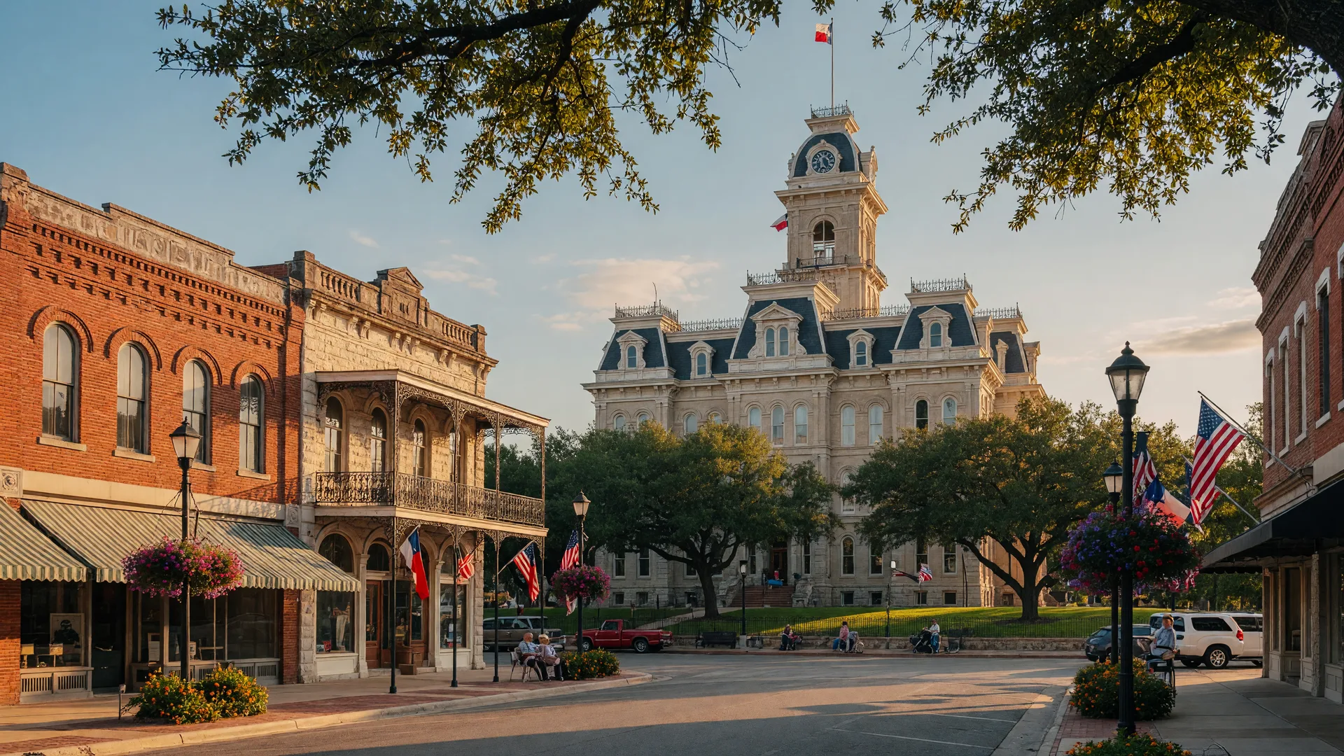 Georgetown Texas historic town square with Victorian-era architecture and the Williamson County Courthouse