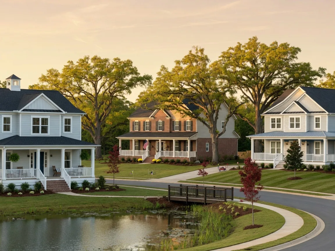 New construction homes in Chesapeake Virginia with traditional and coastal-style architecture, brick and siding exteriors, set in a family master-planned Tidewater community