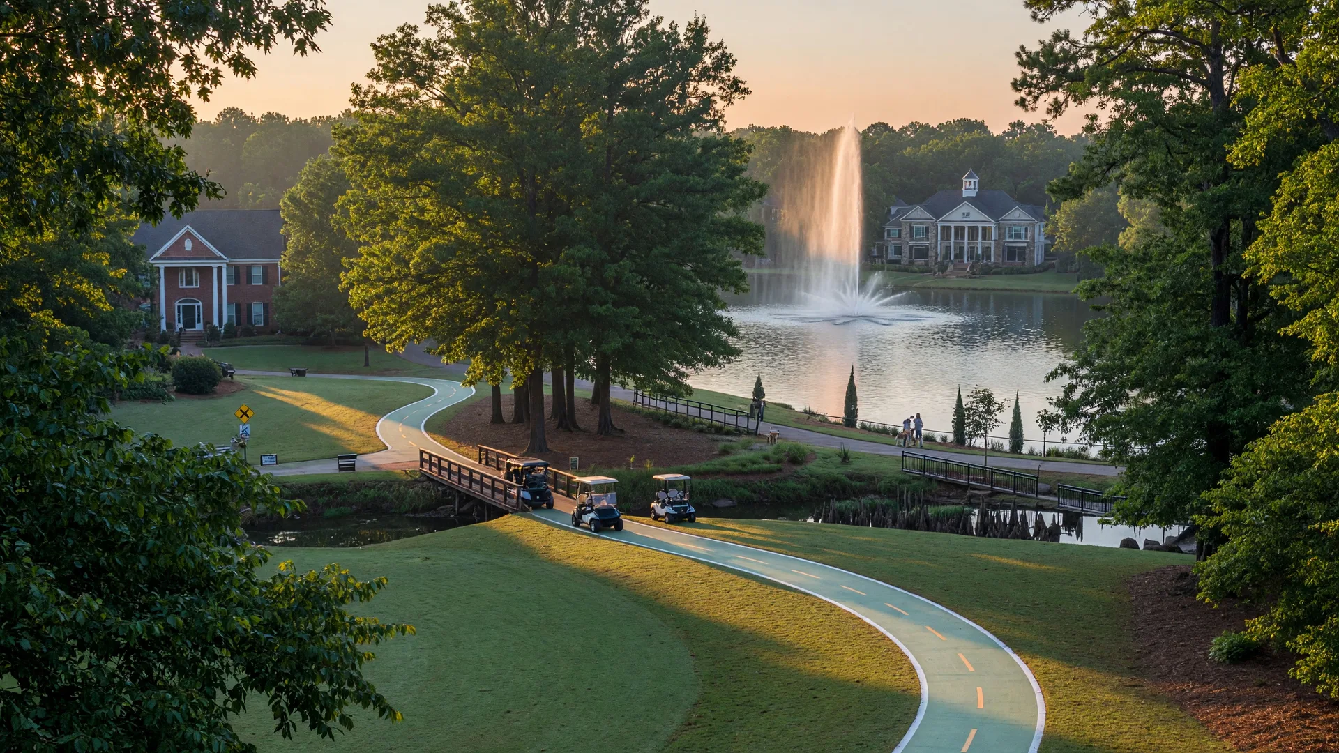 Peachtree City's distinctive golf cart paths winding through a planned community with Lake Peachtree in the distance